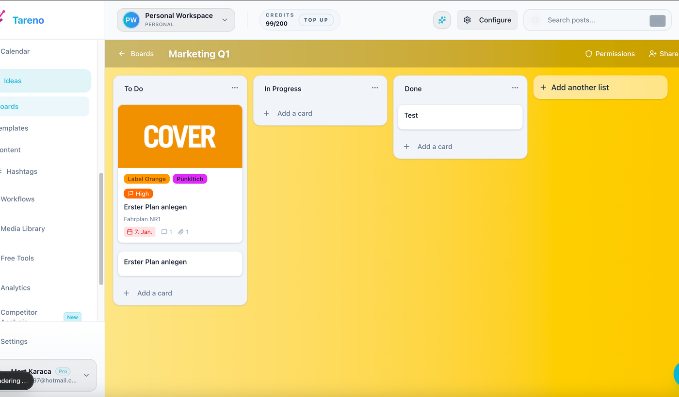 A Tareno ideas board showing how teams organize content stages, ownership, and next actions before scheduling.