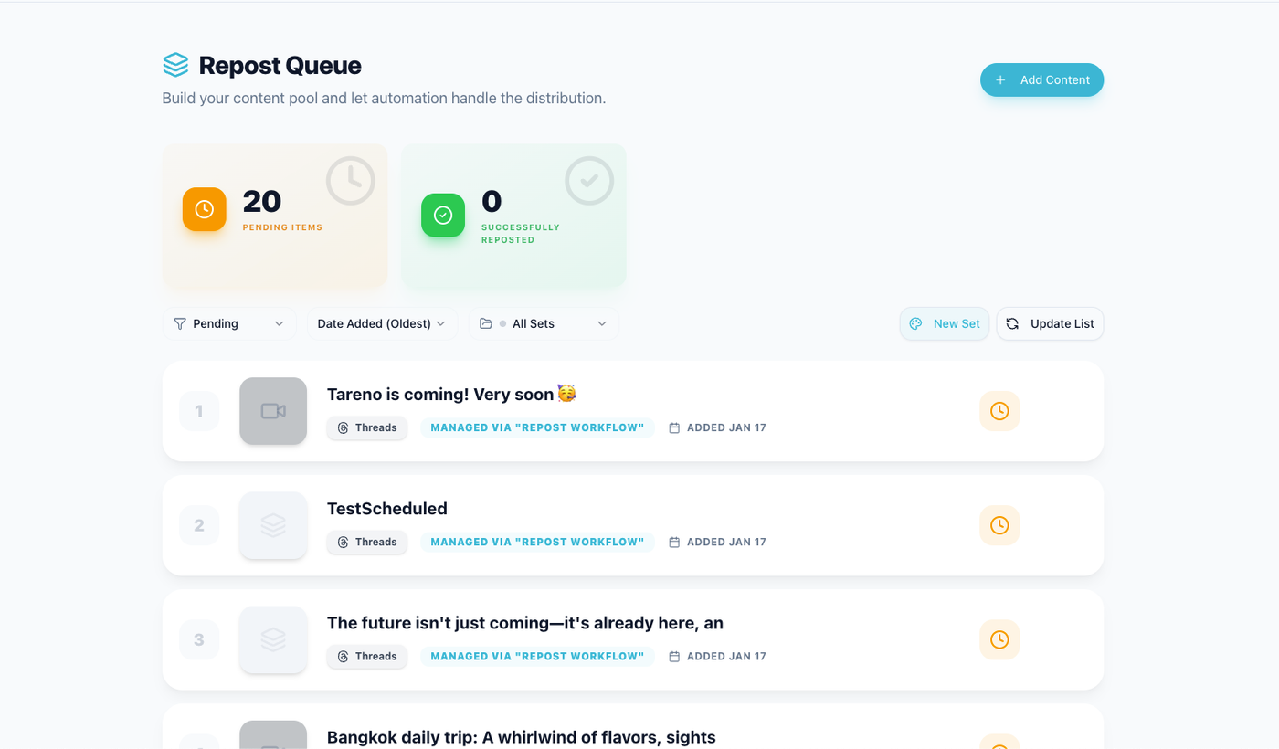 A repurposing queue showing how strong social posts move into a second-wave content pipeline.