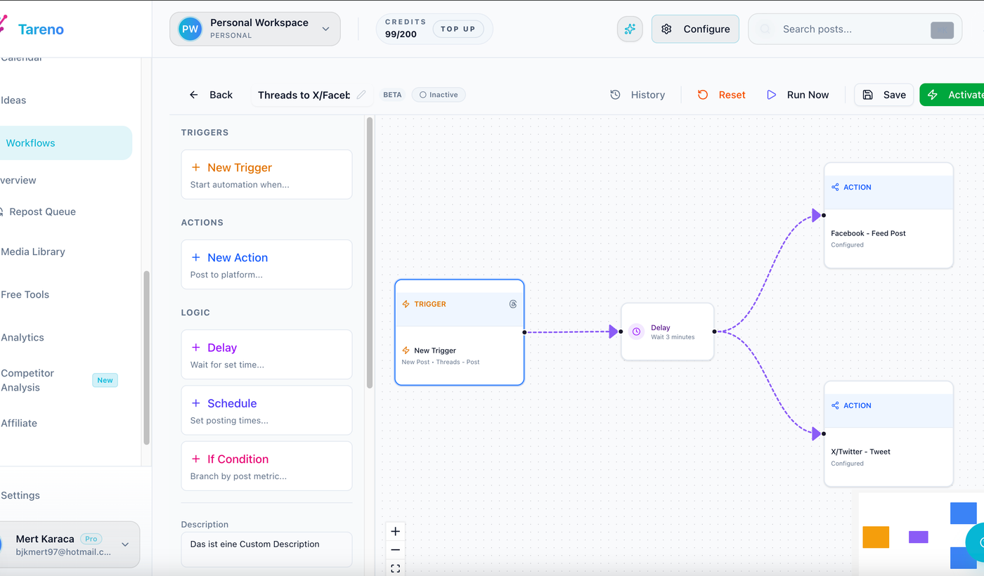 A workflow automation view showing triggers, actions, and review checkpoints for social media operations.
