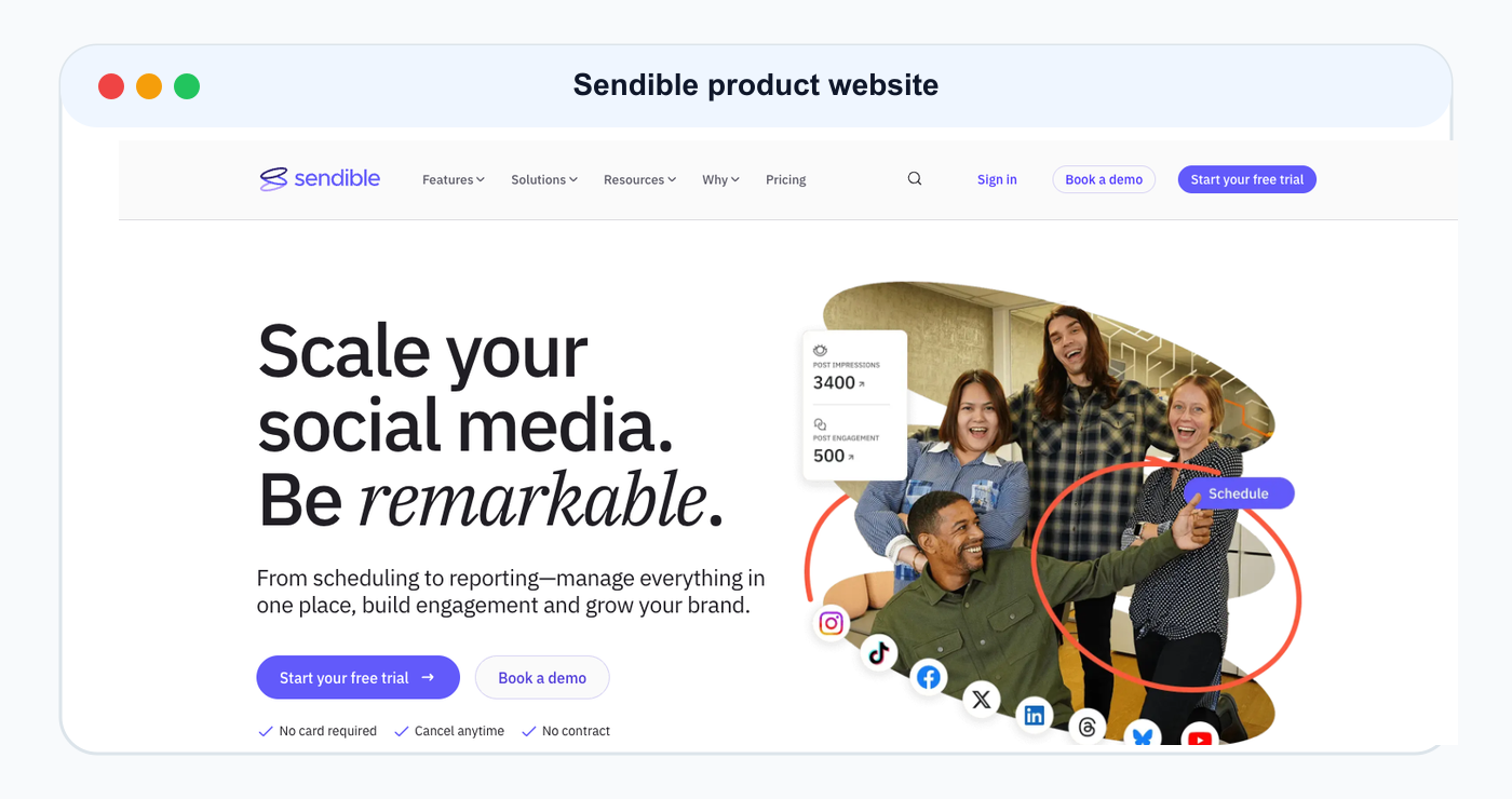 Sendible product website screenshot used as comparison evidence.