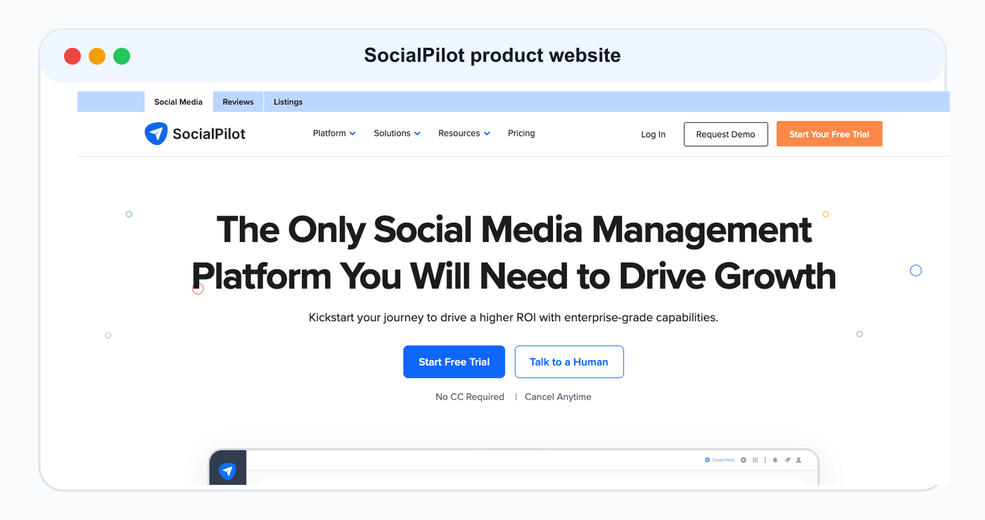 SocialPilot product website screenshot used as comparison evidence.