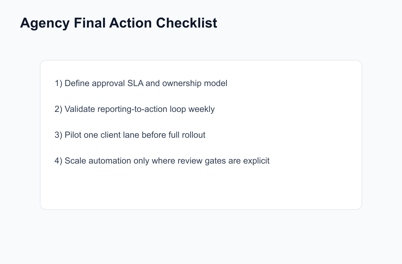 Final checklist for agency tool selection and operational rollout.