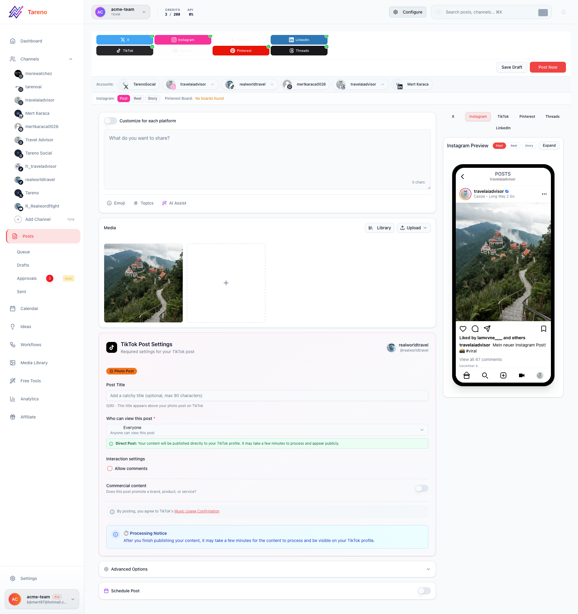 Tareno post creation view used to turn AI-assisted drafts into channel-ready social posts.