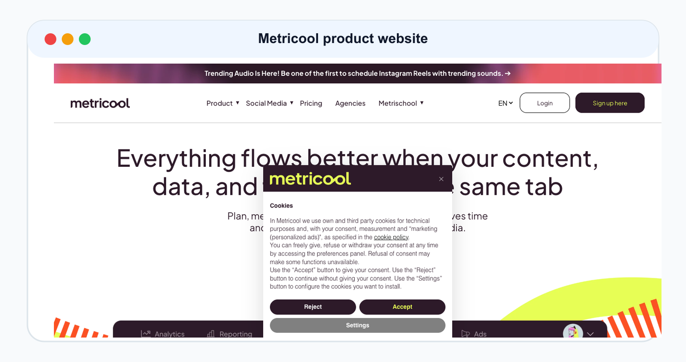 Metricool product website screenshot used as comparison evidence.