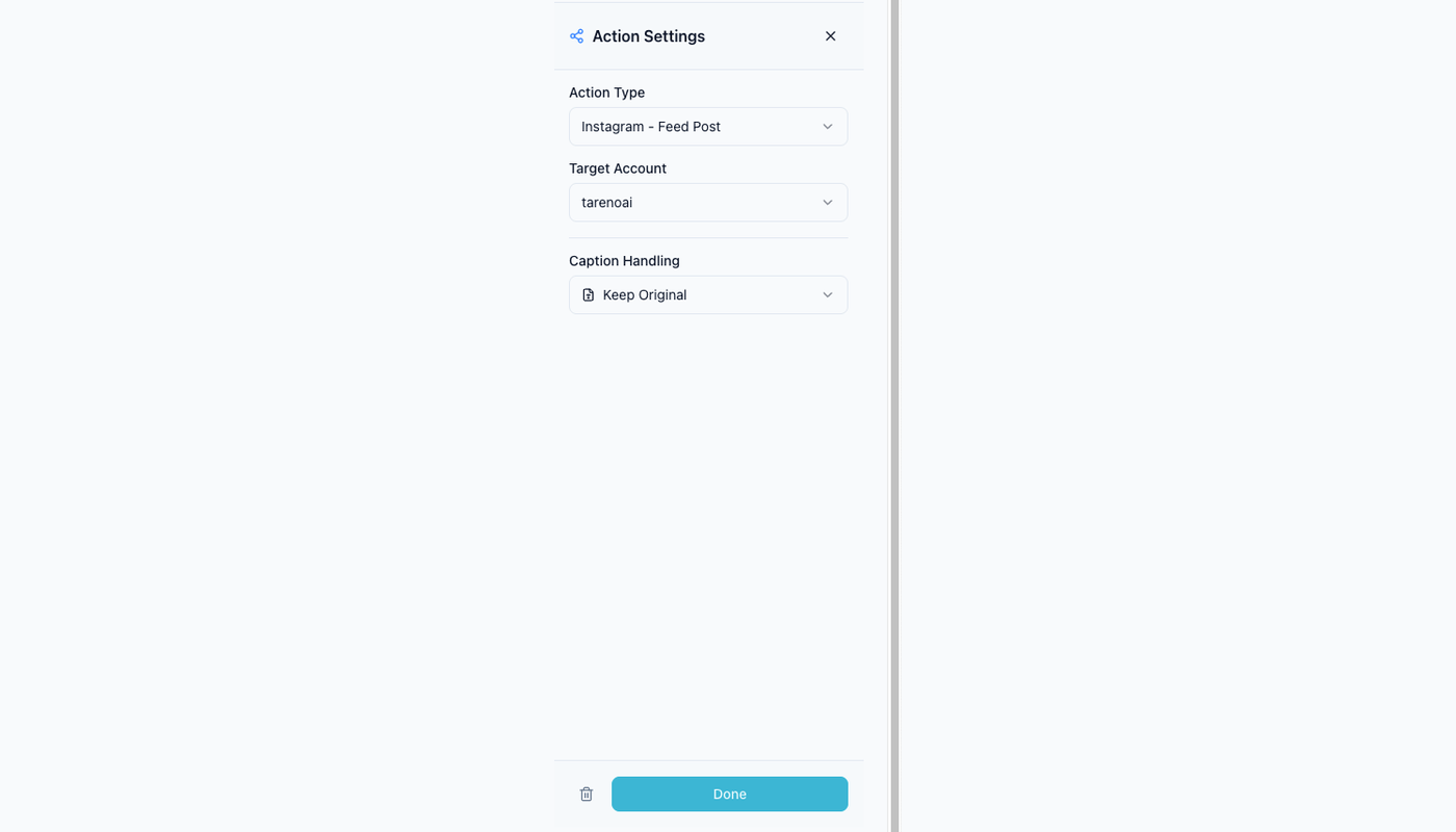 Tareno workflow action settings used with approval-first n8n automation