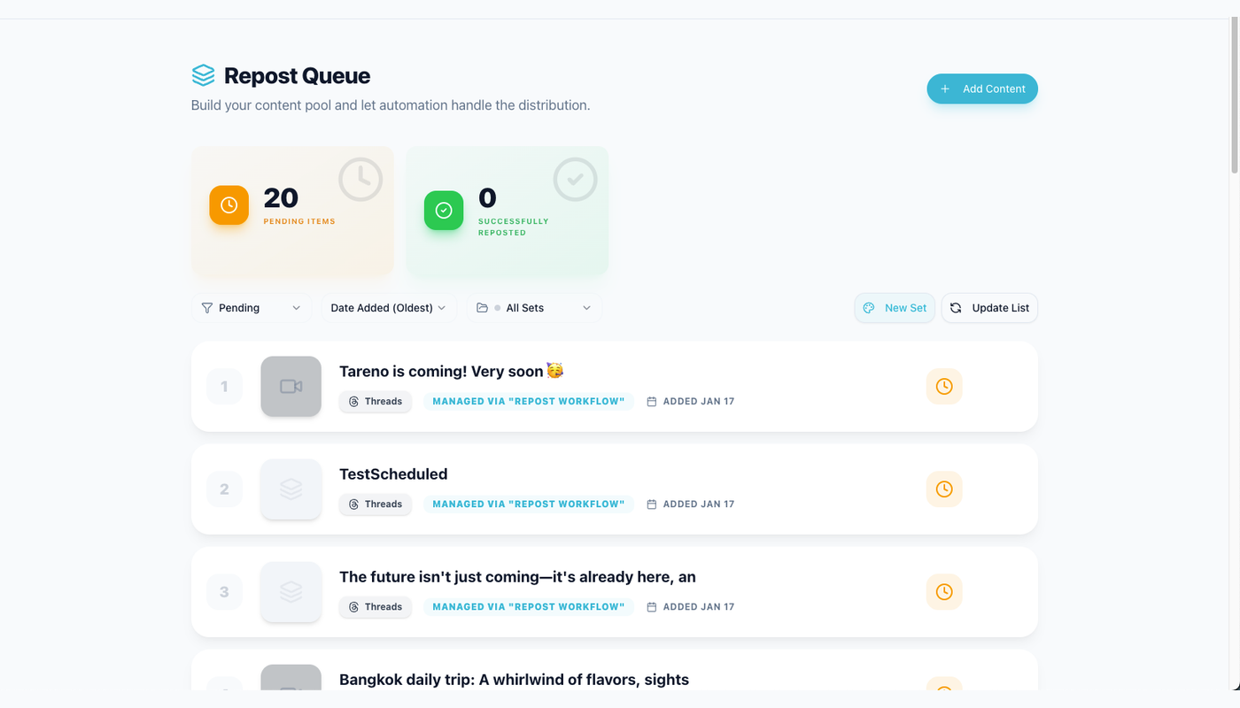 Tareno evergreen reposting queue for approval-first reuse