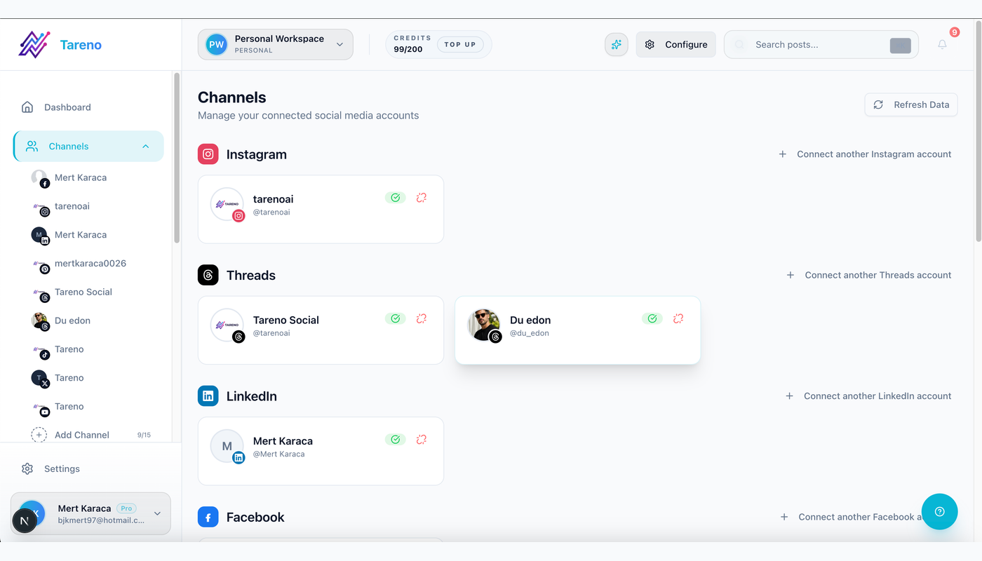 Tareno connected channels used for market-specific social media variants