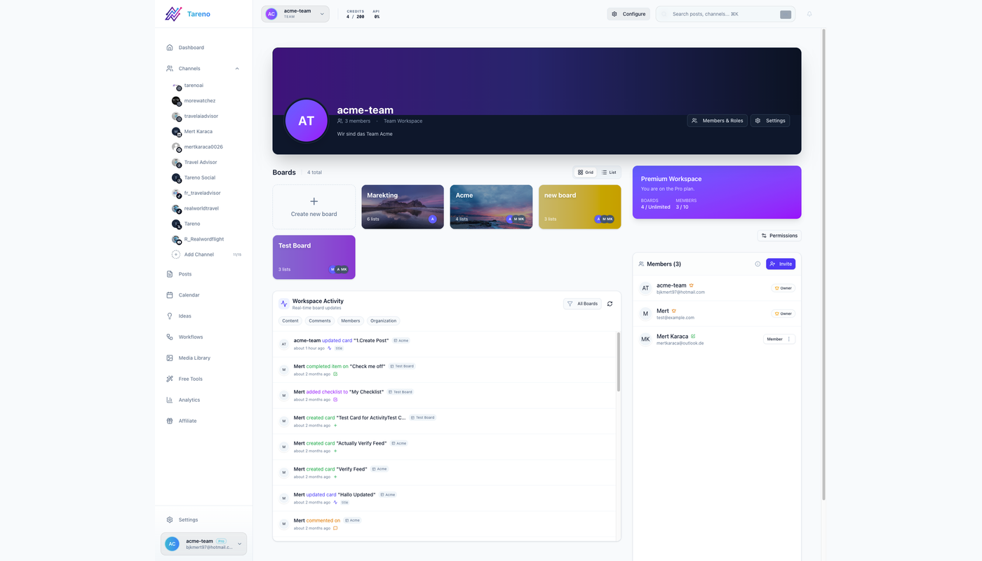 Tareno team workspace used for client-specific social media review