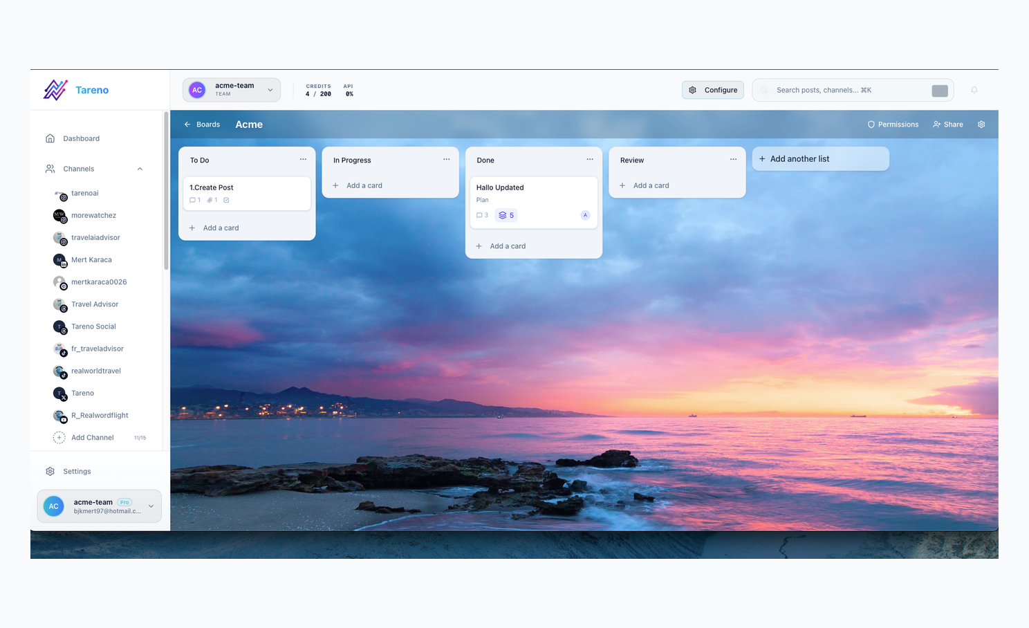 Tareno content board showing idea cards that can hold brief fields and workflow status