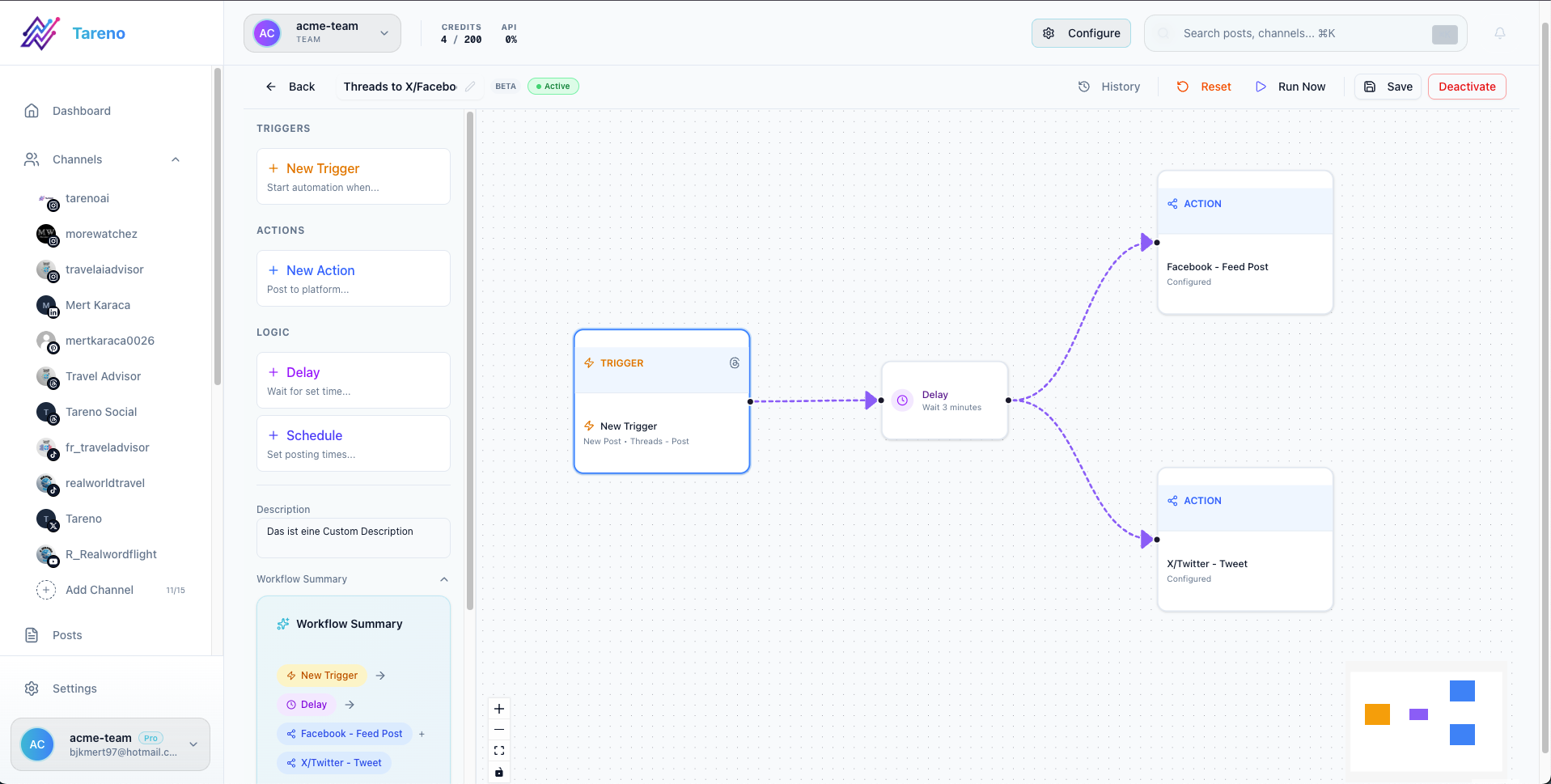 Tareno workflow editor screenshot showing approval workflow automation for social media posts