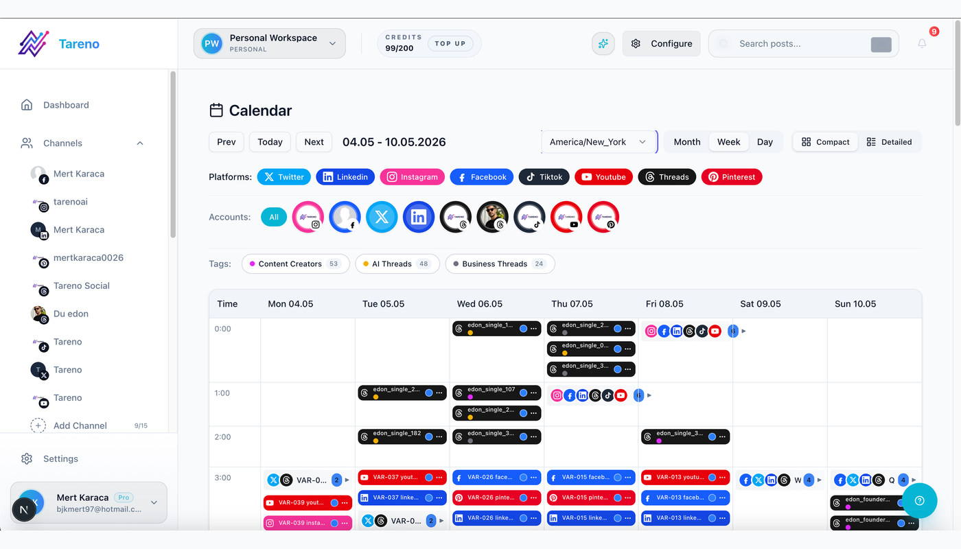 Tareno calendar showing a shared schedule for multiple social media channels.