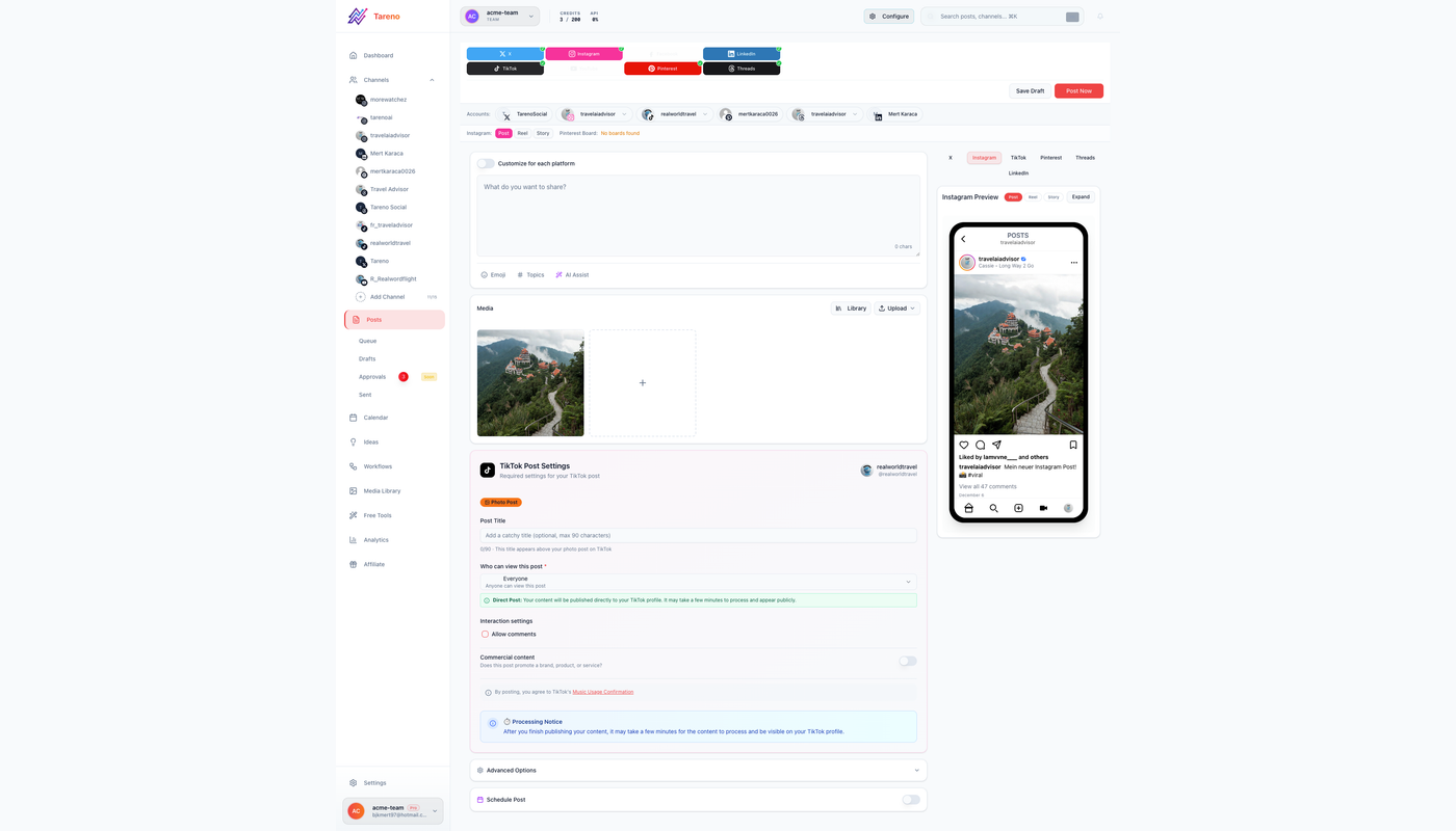 Tareno post composer used to prepare separate platform-native social media drafts.
