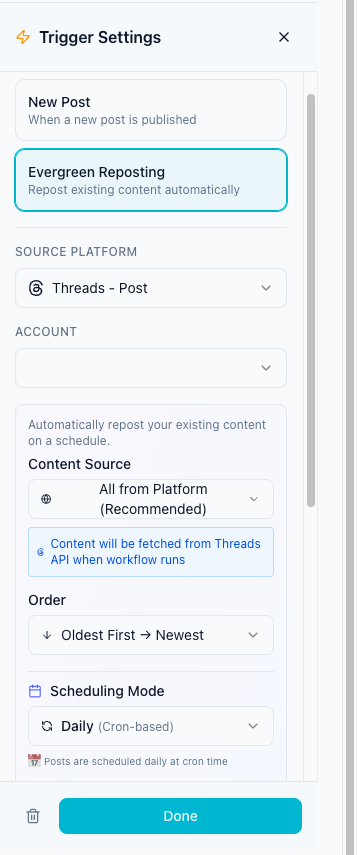 Workflow trigger settings for evergreen automation.
