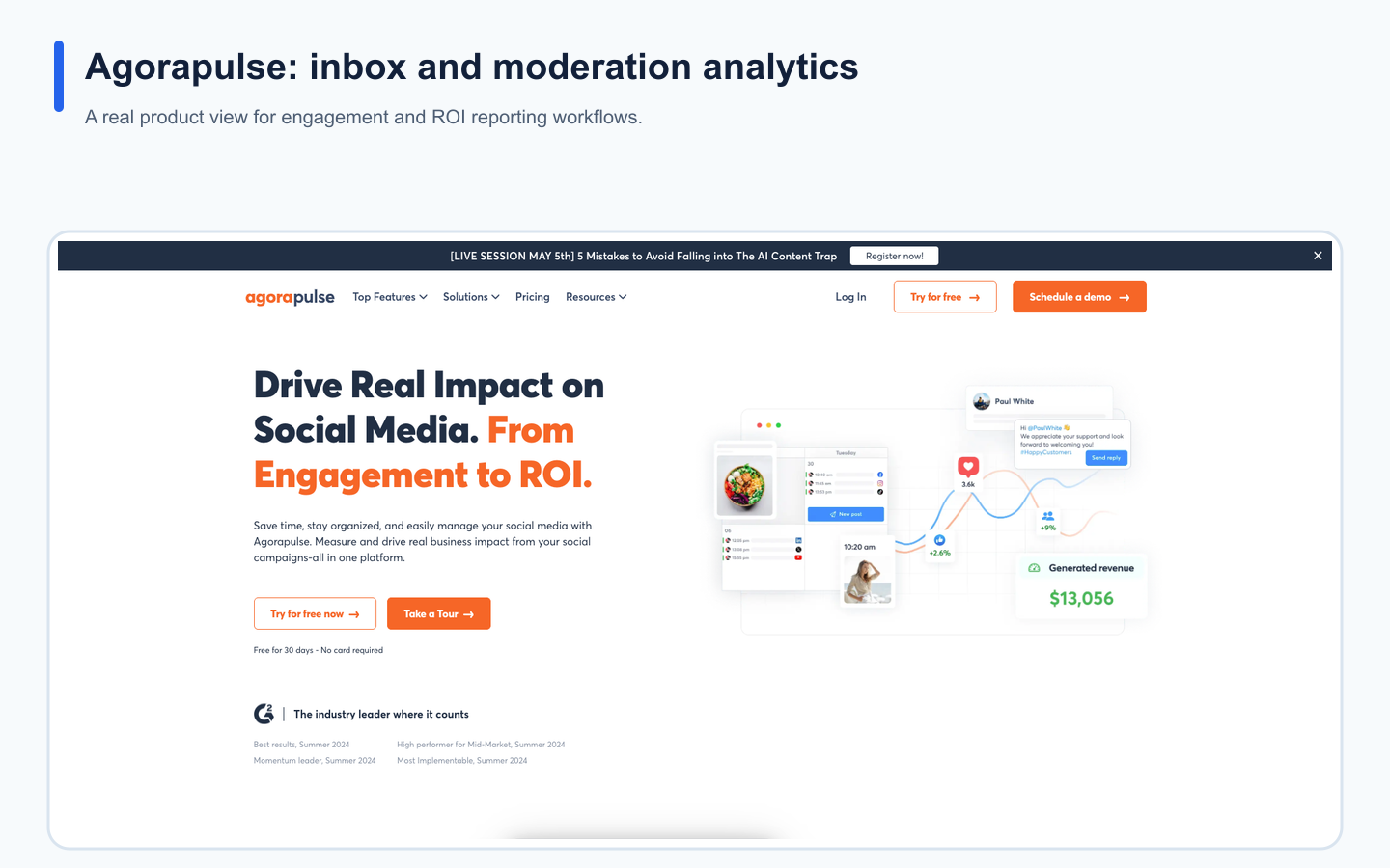 Real Agorapulse landing page illustrating its positioning in the social media tool comparison