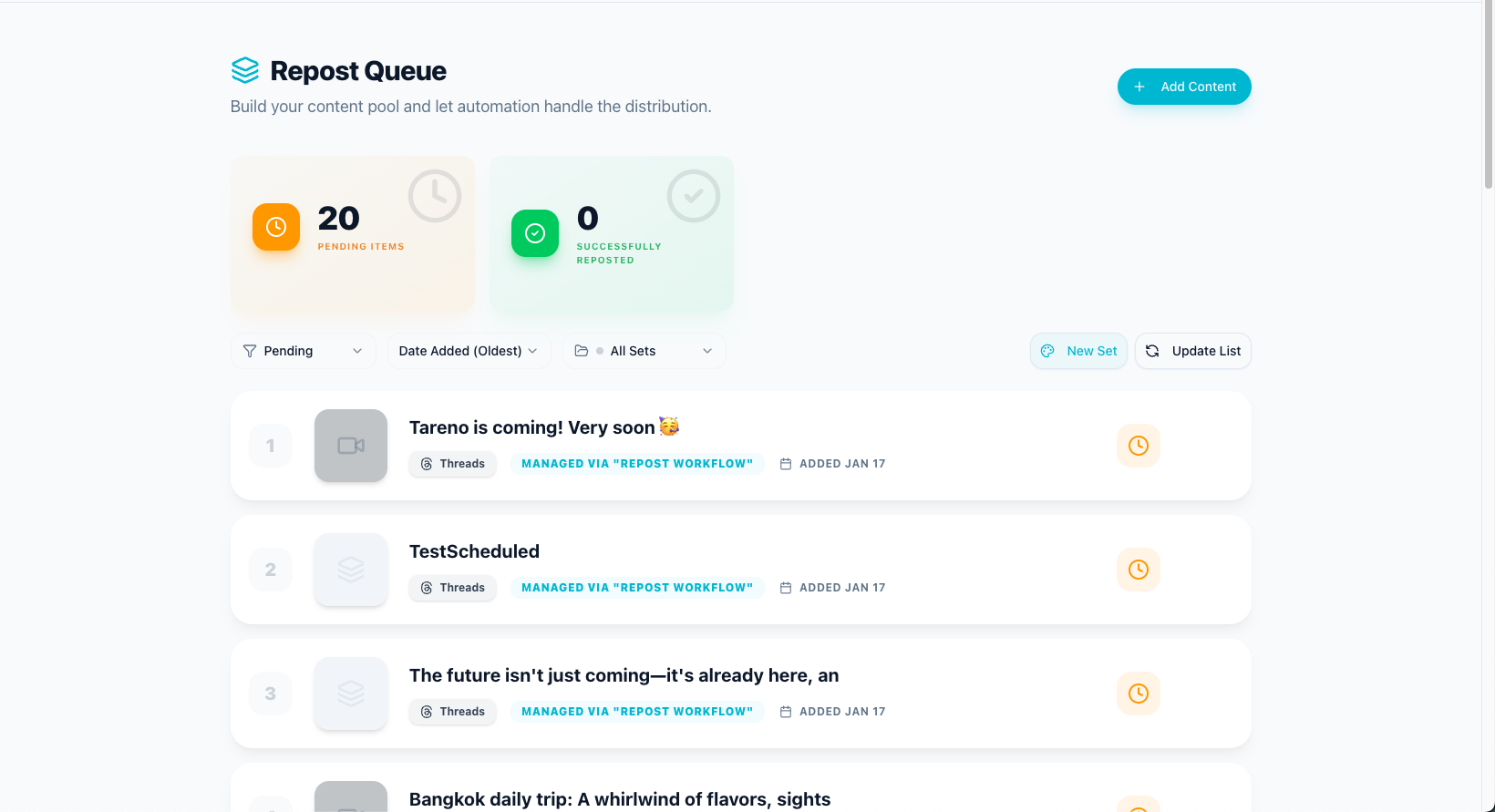 Repurposing queue for turning high-performing posts into follow-up content.