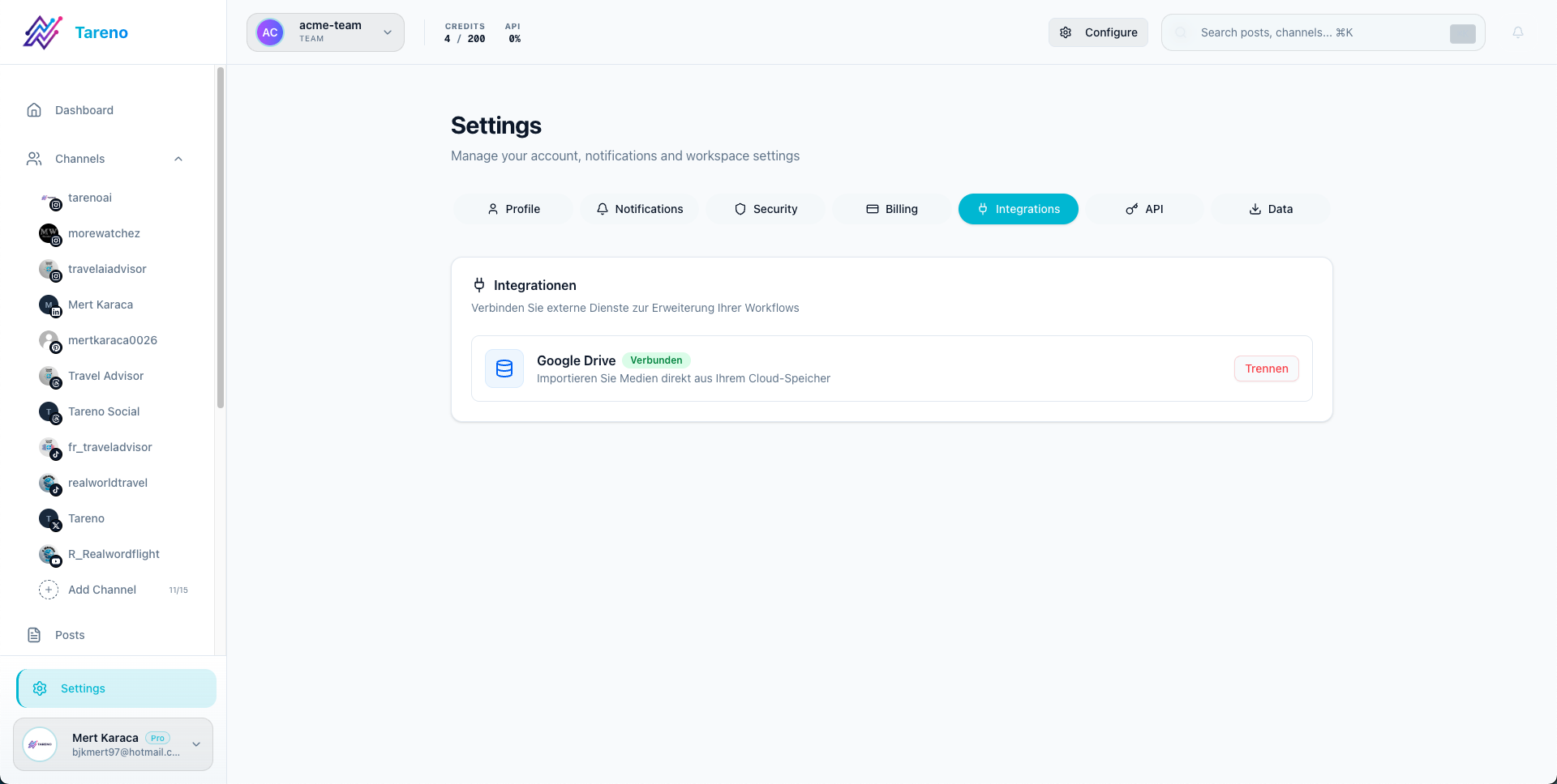 Tareno integrations settings screen for connecting social media workflows to external automation tools.