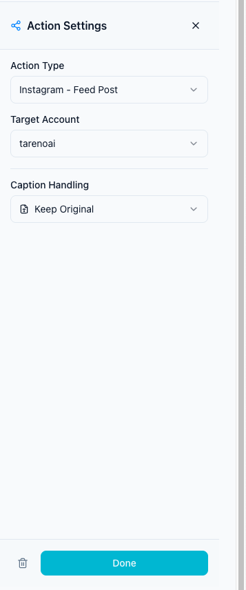 Workflow action settings used to send approved social media work into connected systems.