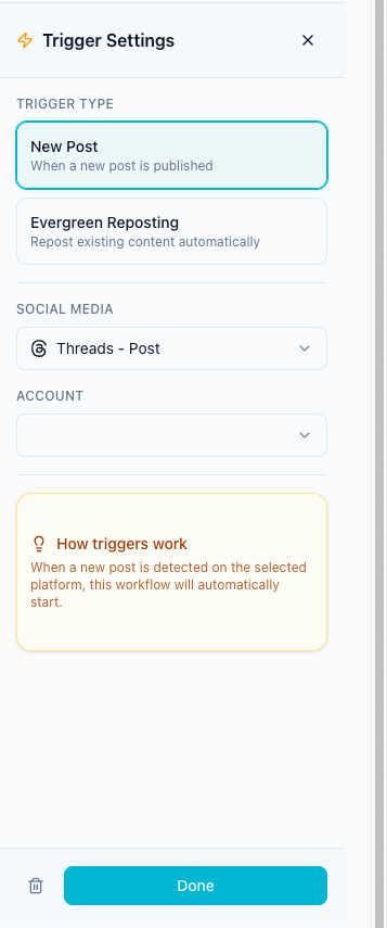 Workflow trigger settings for starting social media automations from post events.