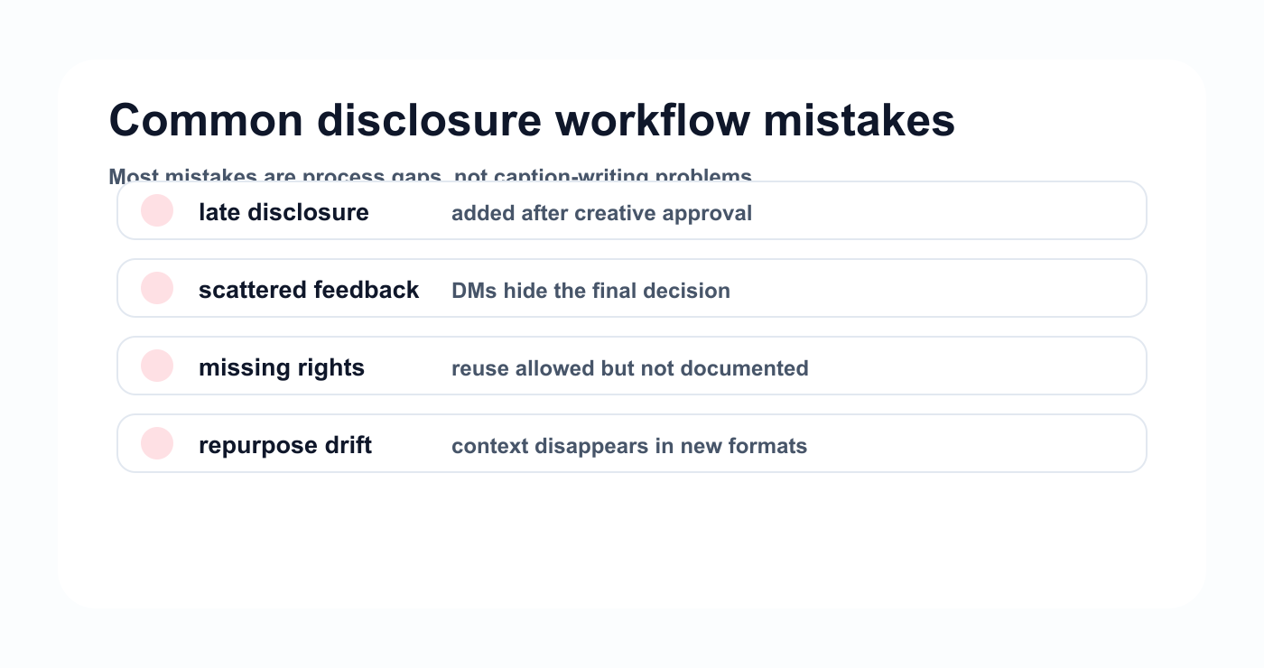Disclosure workflow mistakes diagram showing late disclosure, scattered feedback, missing rights, and repurpose drift.