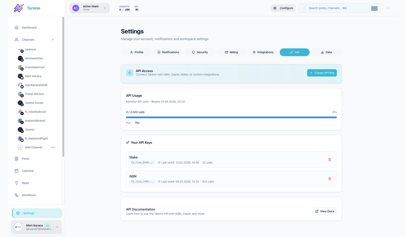 Tareno API settings used to create and manage a dedicated agent credential.