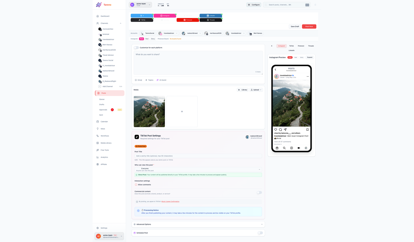 Completed Tareno post composer showing the content context a human reviewer needs before approval.