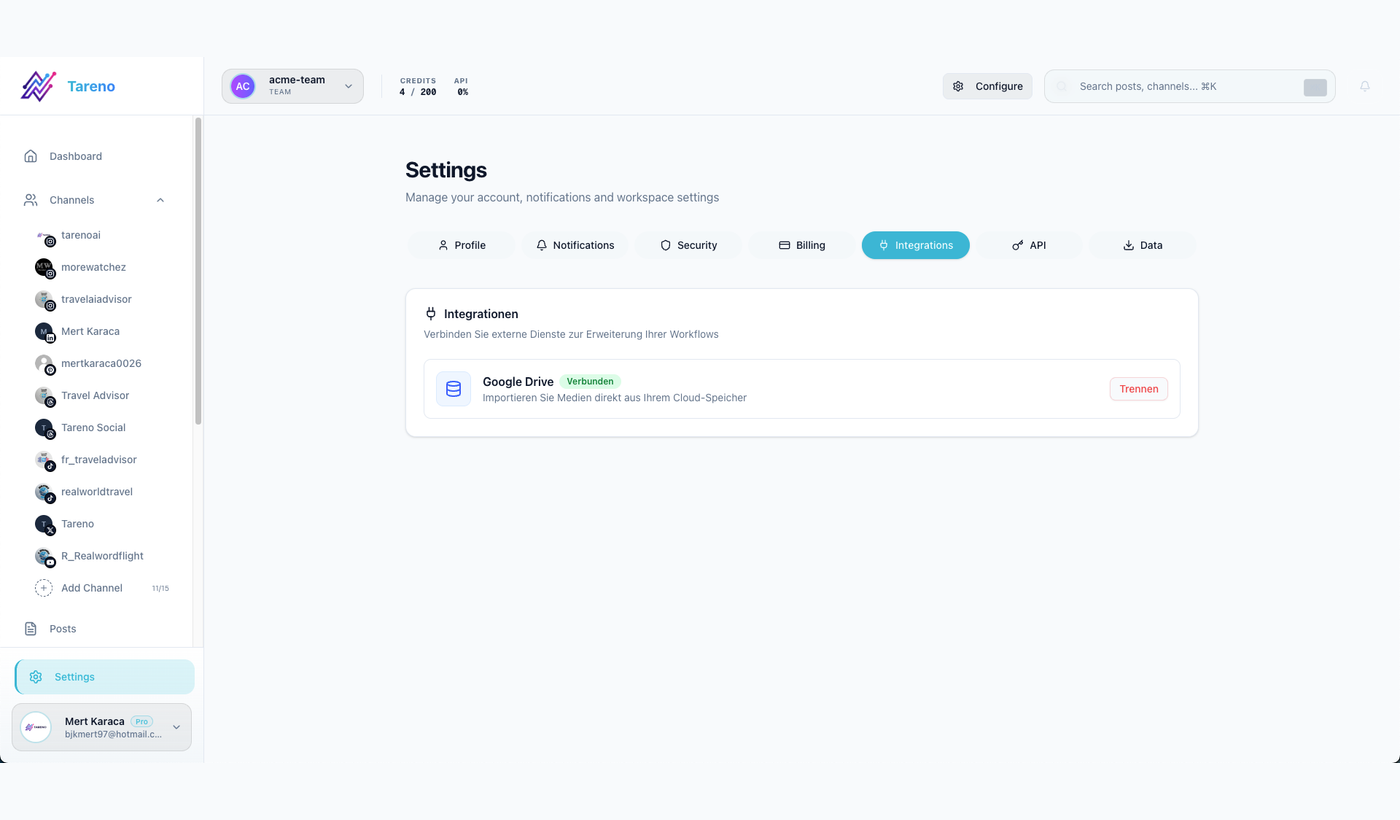 Tareno integrations settings used to manage no-code automation connections around an AI agent.