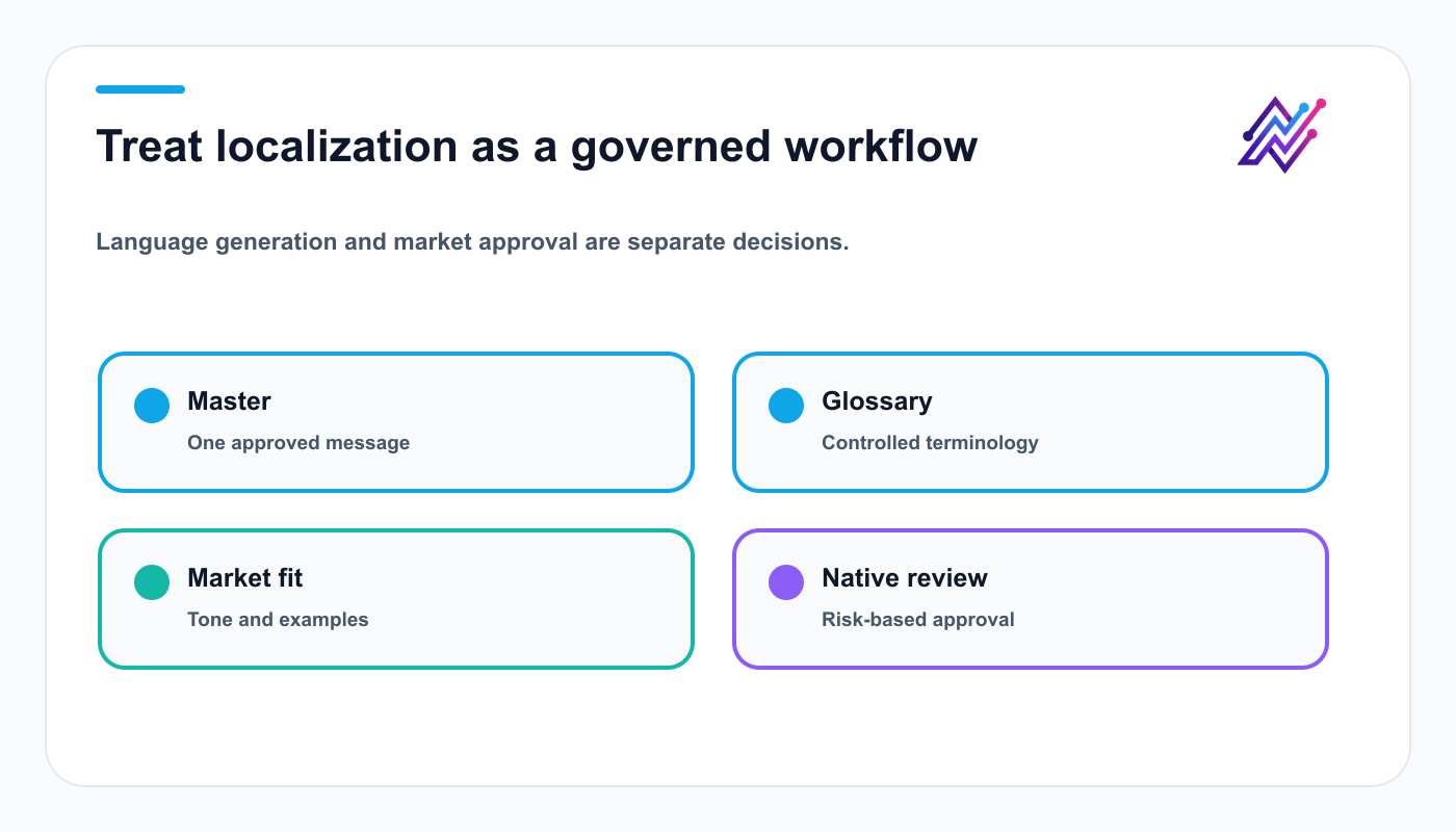 Governed multilingual agent workflow using an approved master, glossary, market adaptation, and native review.