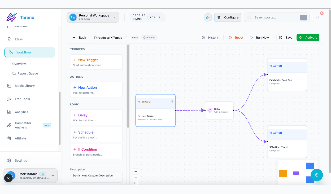 Tareno workflow automation view used to route consequential social actions for approval.