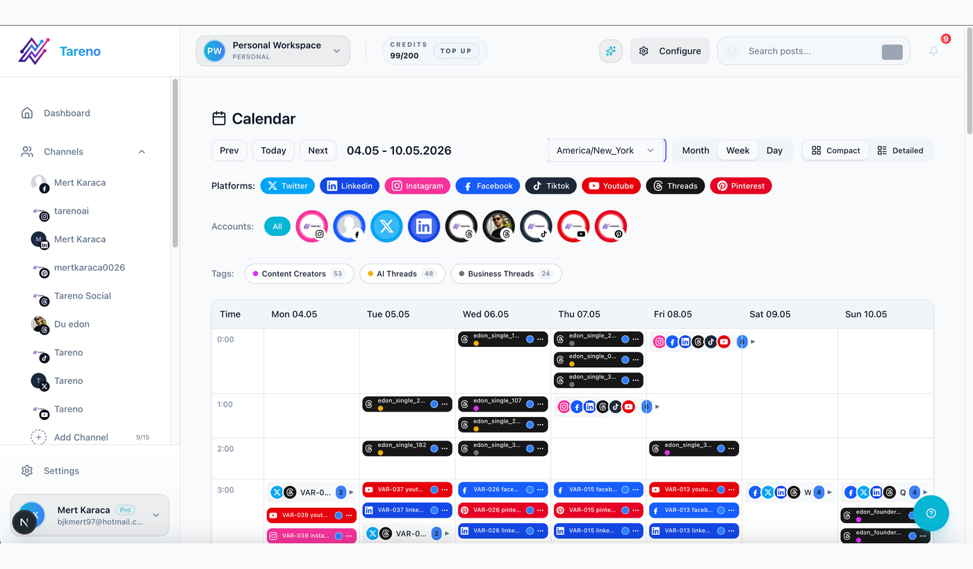 Tareno content calendar used to review dates, channels, and approval state for ChatGPT-prepared posts.
