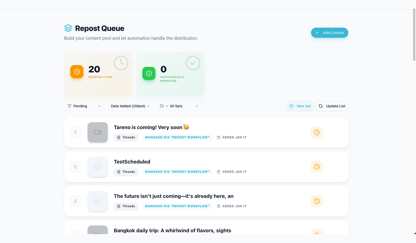 Tareno repurposing queue used to turn strong posts into new ChatGPT-assisted formats.