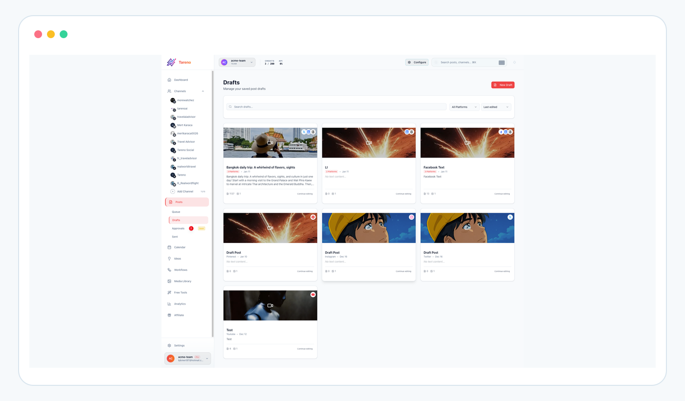 Tareno drafts workspace showing social content prepared for review.