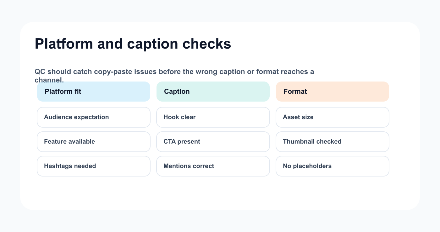 Platform and caption quality control matrix for social media posts
