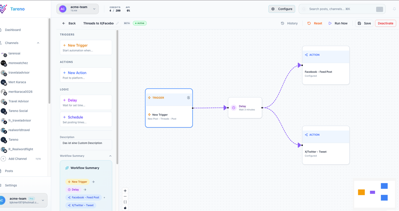 Tareno workflow editor screenshot showing review and approval steps before publishing