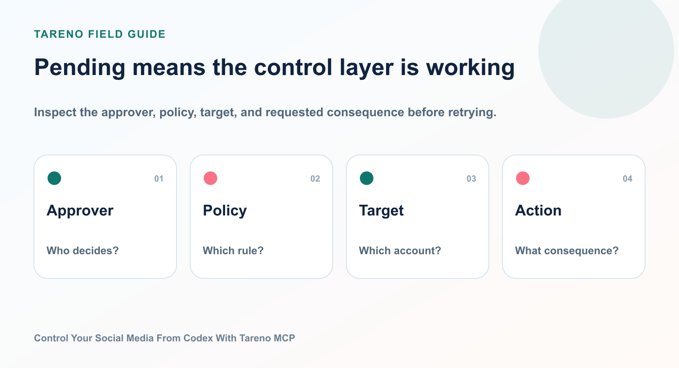 Pending means the control layer is working: Approver, Policy, Target, Action.