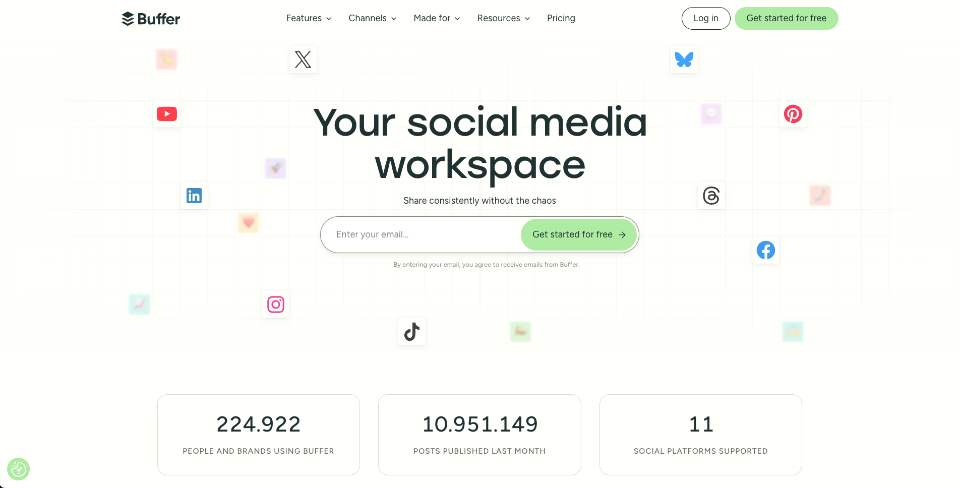 Buffer landing page used for simple creator scheduling comparison
