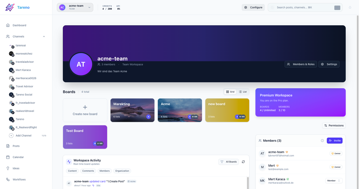 Tareno team workspace for creator agency content operations