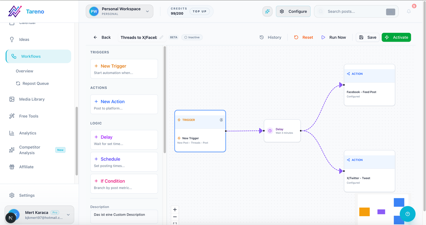 Tareno workflow automation canvas for creator agency approvals and repurposing