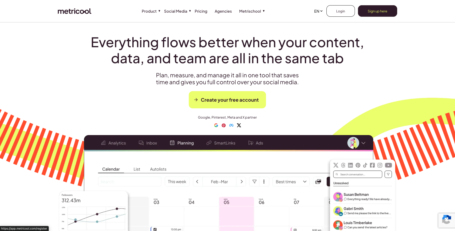 Metricool landing page used for creator campaign analytics comparison