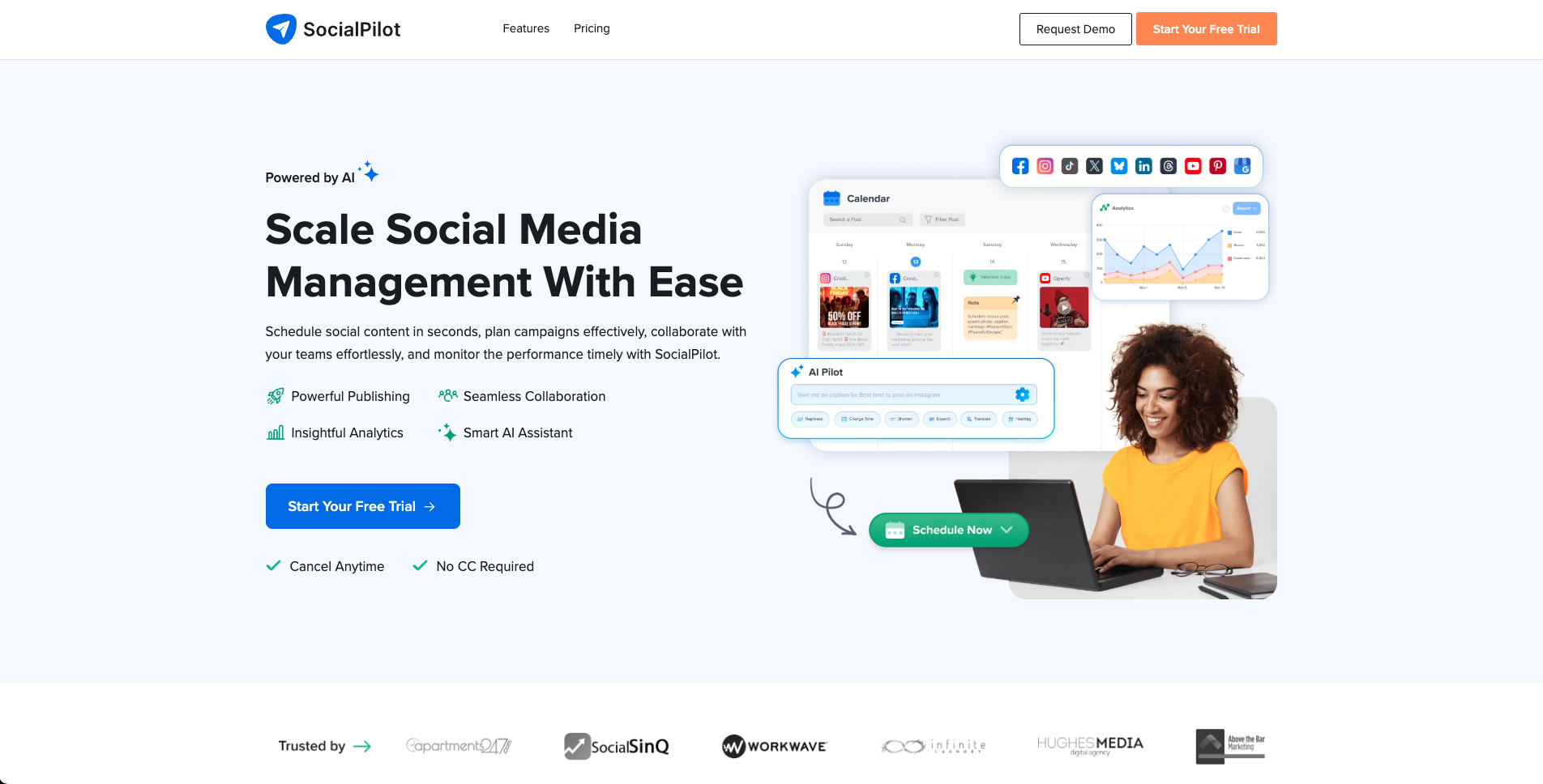 SocialPilot landing page used for agency scheduling comparison