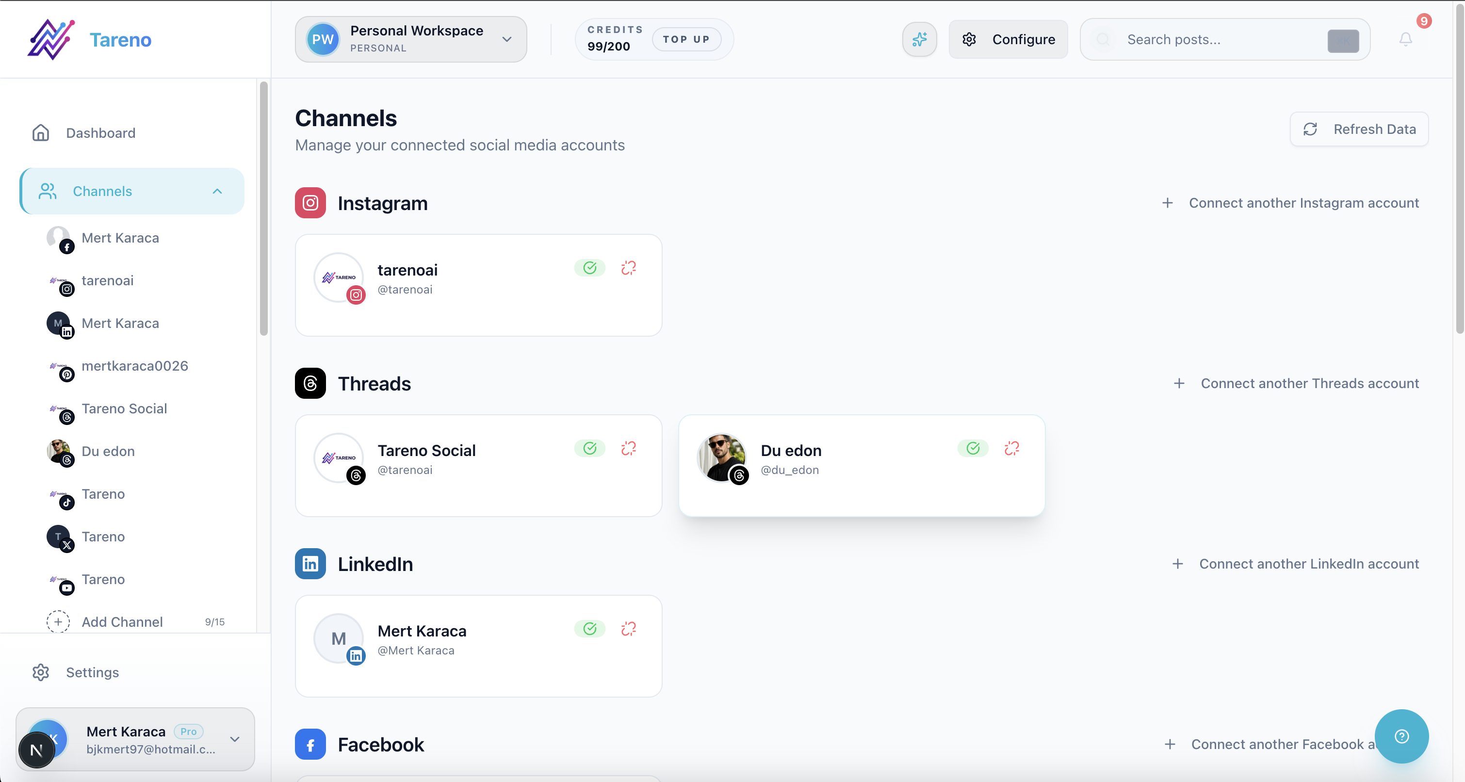 Multi-channel overview showing creator distribution across connected social platforms.