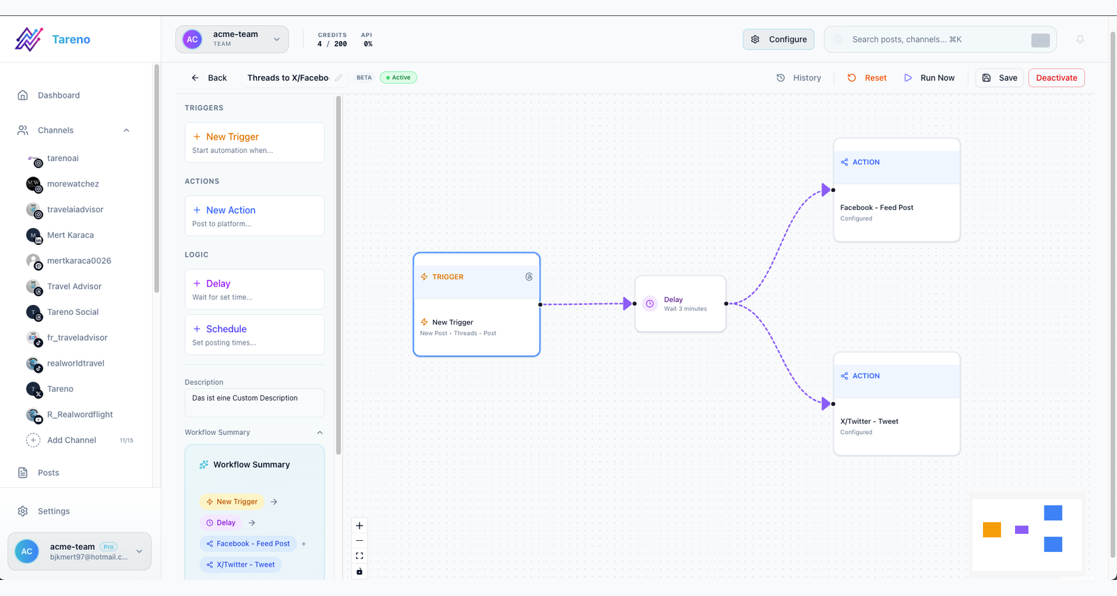 Tareno workflow editor showing approval rules for social media content