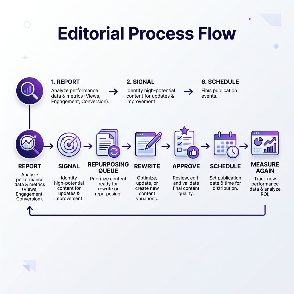 Editorial Process Flow: Report, Signal, Repurposing Queue, Rewrite, Approve, Schedule, Measure Again