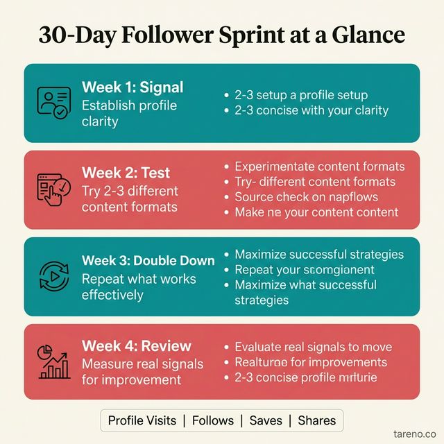 30-day follower sprint overview: Week 1 Signal, Week 2 Test, Week 3 Double Down, Week 4 Review