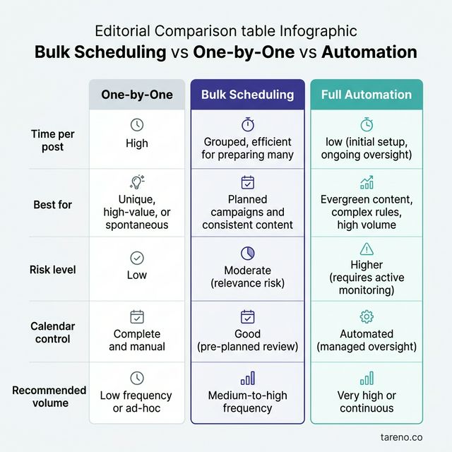 Comparison table: Bulk Scheduling vs One-by-One vs Full Automation for social media planning
