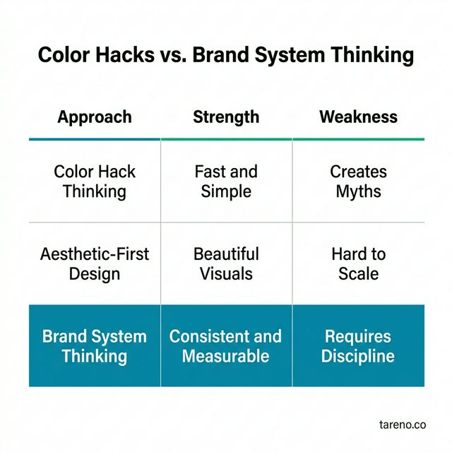 Color hacks vs. brand system thinking comparison: approach, strength, and weakness