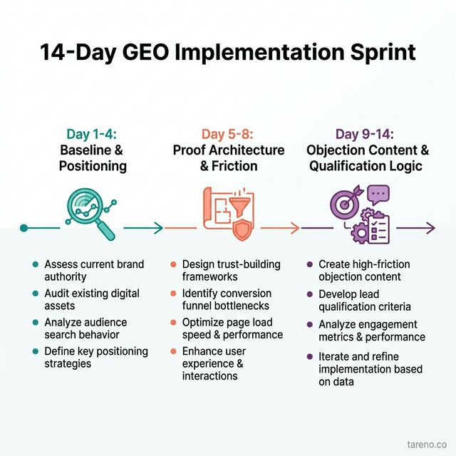 14-Day GEO Implementation Sprint timeline covering baseline, architecture, and qualification logic