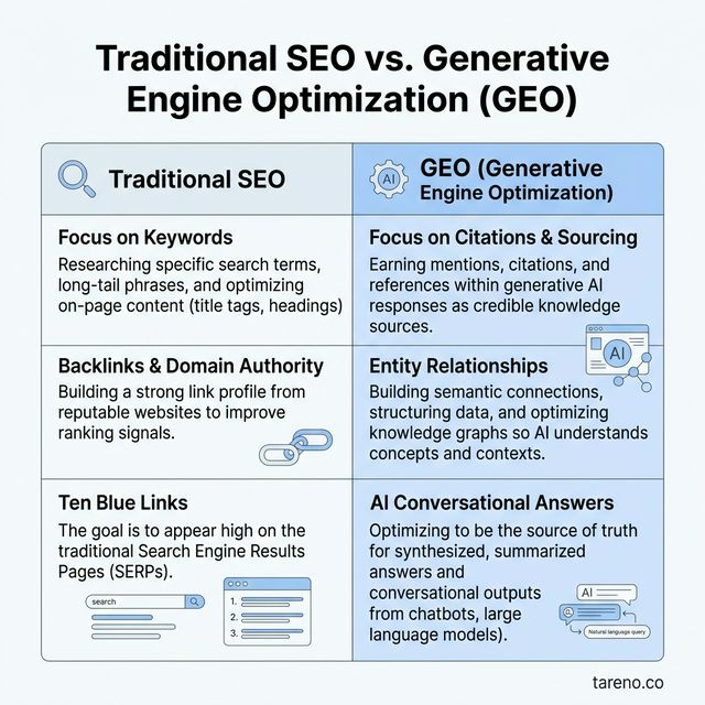 Traditional SEO vs. Generative Engine Optimization comparison: Keywords to Citations, Blue Links to Conversational Answers