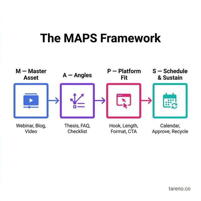 The MAPS Framework: Master Asset → Angles → Platform Fit → Schedule & Sustain