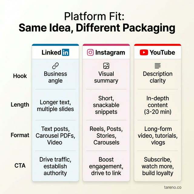 Platform fit comparison: same idea packaged differently for LinkedIn, Instagram and YouTube