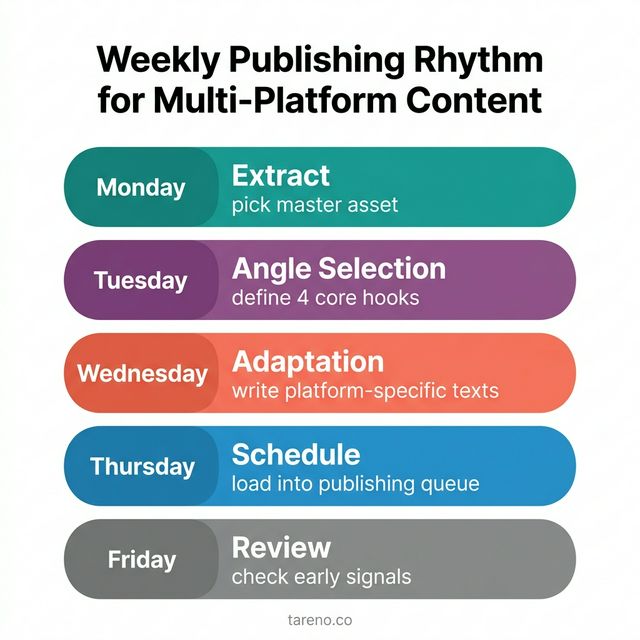 Weekly content publishing rhythm: Monday approve, Tuesday angles, Wednesday adapt, Thursday schedule, Friday review